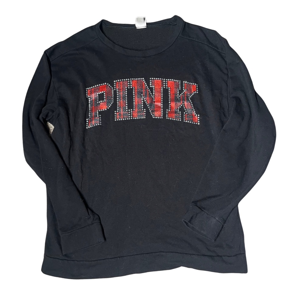 Victoria’s Secret PINK Black Sweatshirt Medium – Red Plaid Rhinestone Logo